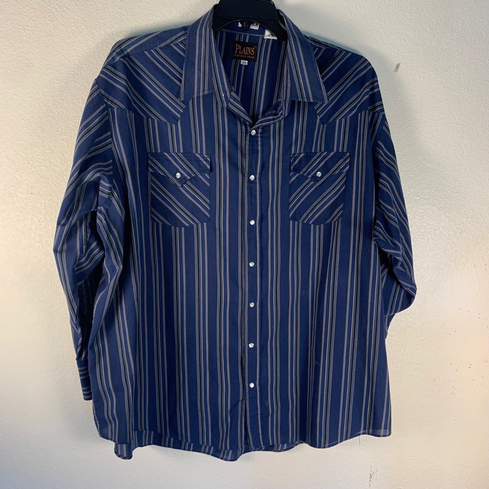 Plains 3X Western Pearl Snap Shirt Blue Striped Good Big Man Long Sleeve‎